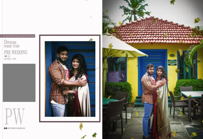 Pre-wedding album spread with a framed couple portrait outside a colourful cottage